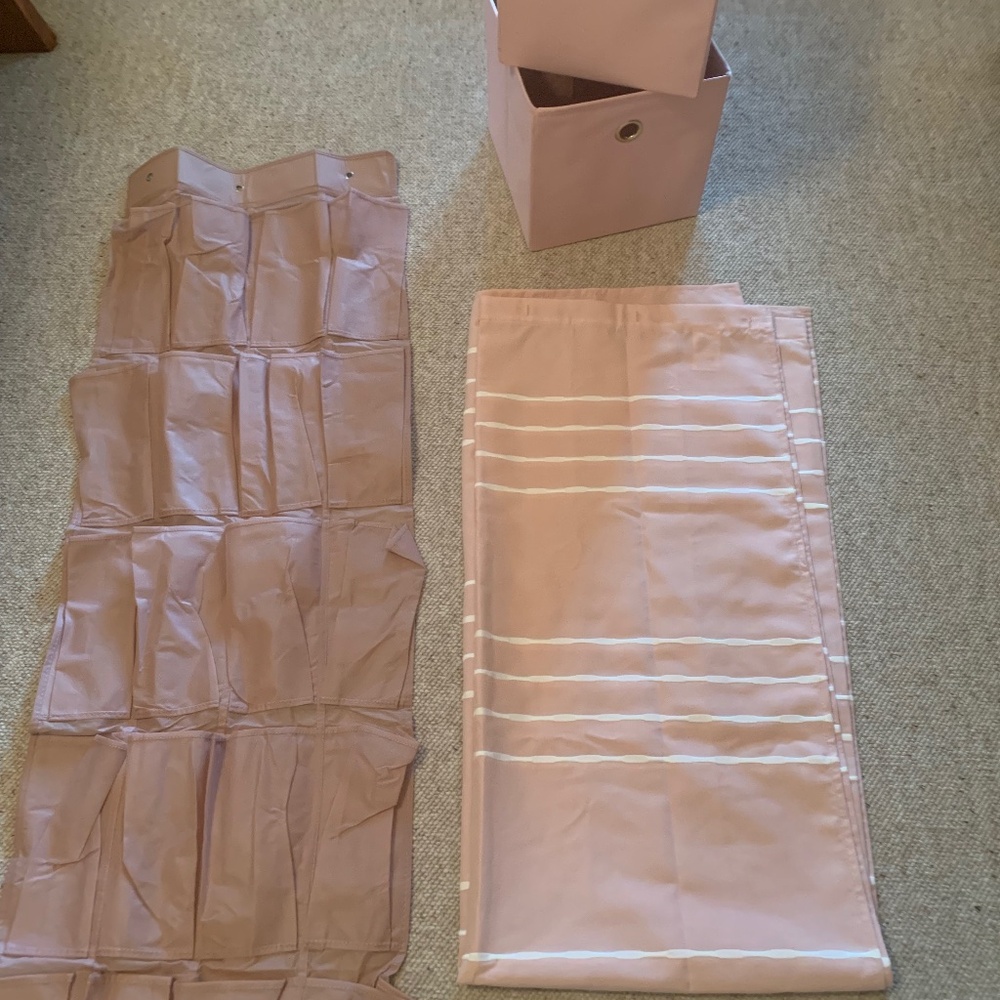 Blush fabric shower curtain, fabric storage cubes, fabric hanging shoe organizer